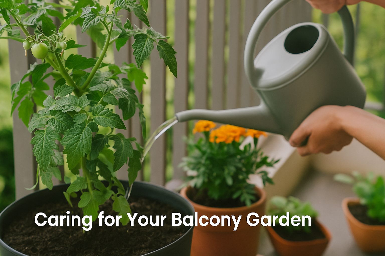 a person watering a tomato plant on a balcony surrounded by flowers and herbs — Caring for Your Balcony Garden | Urban Plant